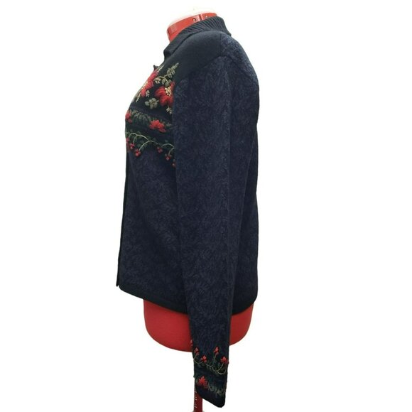 Talbots Floral Embroidered Cardigan Sweater, size L, Black w Red flowers, button - Picture 7 of 10